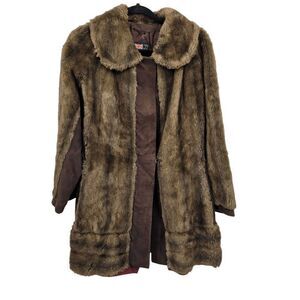Vintage 60's Lilli Ann London Coat Leather Faux Fur Swing Mid Length Brown‎ Sz M